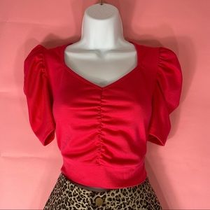 Hot Pink Ruched Sleeve Crop Top